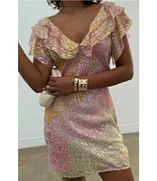 Never Fully Dressed Tilda Boho Ruffled Deep V-Neck Short Sleeve Mini Dress