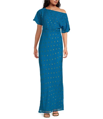 Never Fully Dressed Tilly Plisse Gold Foil Fleck Print One Shoulder Neck Short Sleeve Maxi Dress