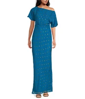 Never Fully Dressed Tilly Plisse Gold Foil Fleck Print One Shoulder Neck Short Sleeve Maxi Dress