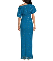 Never Fully Dressed Tilly Plisse Gold Foil Fleck Print One Shoulder Neck Short Sleeve Maxi Dress