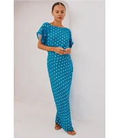 Never Fully Dressed Tilly Plisse Gold Foil Fleck Print One Shoulder Neck Short Sleeve Maxi Dress