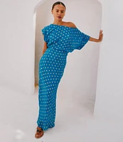 Never Fully Dressed Tilly Plisse Gold Foil Fleck Print One Shoulder Neck Short Sleeve Maxi Dress