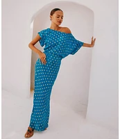 Never Fully Dressed Tilly Plisse Gold Foil Fleck Print One Shoulder Neck Short Sleeve Maxi Dress