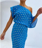 Never Fully Dressed Tilly Plisse Gold Foil Fleck Print One Shoulder Neck Short Sleeve Maxi Dress