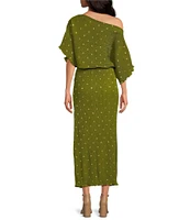 Never Fully Dressed Tilly Plisse Gold Fleck Print One Shoulder Neck Short Sleeve Maxi Dress