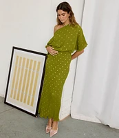 Never Fully Dressed Tilly Plisse Gold Fleck Print One Shoulder Neck Short Sleeve Maxi Dress