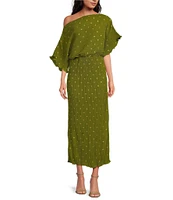 Never Fully Dressed Tilly Plisse Gold Fleck Print One Shoulder Neck Short Sleeve Maxi Dress