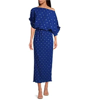 Never Fully Dressed Tilly Plisse Silver Fleck Print One Shoulder Neck Short Sleeve Midi Dress