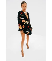 Never Fully Dressed Vienna Satin Mystical Motif Print V-Neck Long Sleeve Wrap Tie Mini Dress