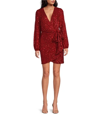 Never Fully Dressed Vienna Sequin V-Neck Long Sleeve Wrap Tie Mini Dress