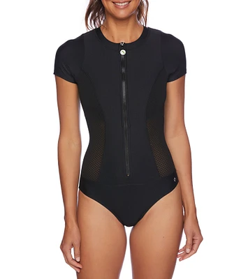 Next by Athena Good Karma Malibu Short Sleeve Zip Up One-Piece Swimsuit