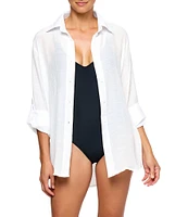 Next by Athena Good Karma Solid Woven Point Collar Roll-Up Cuff Sleeves Button Front Boyfriend Shirt Swim Cover-Up