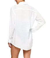 Next by Athena Good Karma Solid Woven Point Collar Roll-Up Cuff Sleeves Button Front Boyfriend Shirt Swim Cover-Up