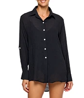 Next by Athena Good Karma Solid Woven Point Collar Roll-Up Cuff Sleeves Button Front Boyfriend Shirt Swim Cover-Up