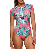 Next by Athena Tropicana Malibu Palm Leaf Print High Neck Cap Sleeve Zip Front One Piece Swimsuit