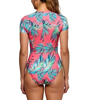 Next by Athena Tropicana Malibu Palm Leaf Print High Neck Cap Sleeve Zip Front One Piece Swimsuit