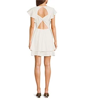 Next Up Short Flutter Sleeve V-Neck Back Twist Cut Out Loop And Button Solid Dress