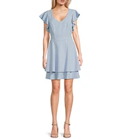 Next Up Short Flutter Sleeve V-Neck Back Twist Cut Out Loop And Button Solid Dress