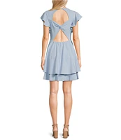 Next Up Short Flutter Sleeve V-Neck Back Twist Cut Out Loop And Button Solid Dress
