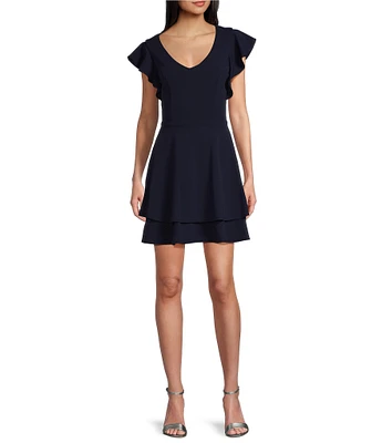 Next Up Short Flutter Sleeve V-Neck Back Twist Cut Out Loop And Button Solid Dress