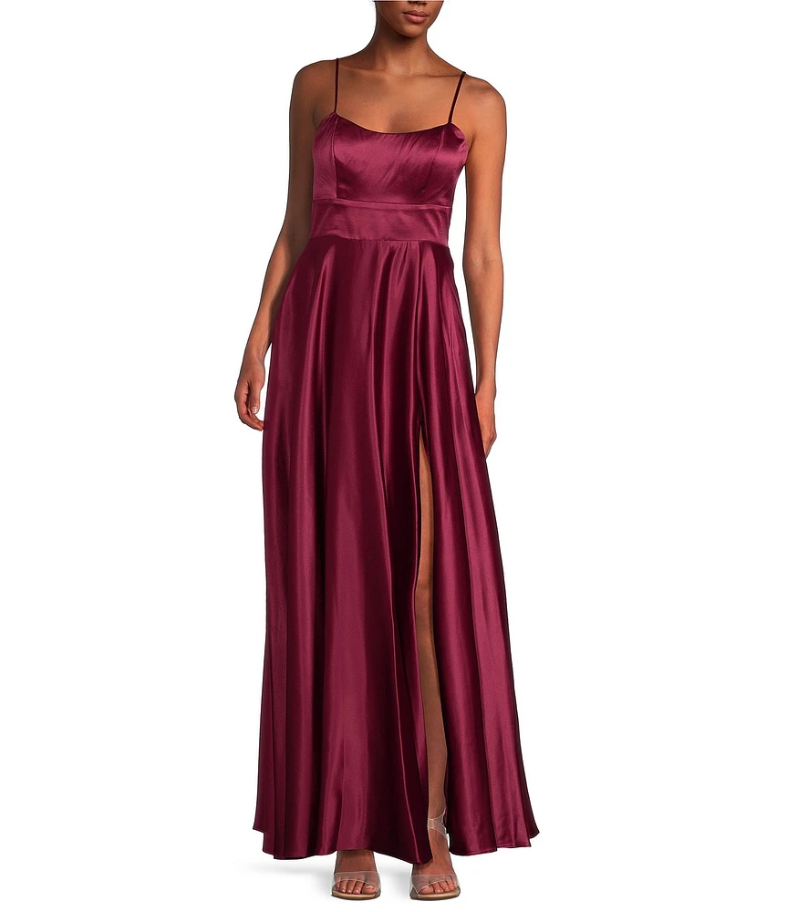 Next Up Adjustable Spaghetti Strap Low Back Side Slit Long Dress