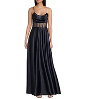 Next Up Drape Neck Illusion Corset Satin Gown