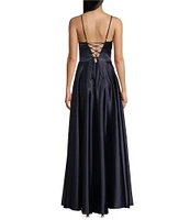 Next Up Drape Neck Illusion Corset Satin Gown