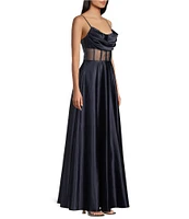 Next Up Drape Neck Illusion Corset Satin Gown