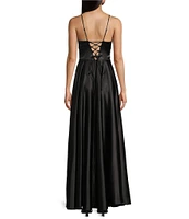 Next Up Drape Neck Illusion Corset Satin Ball Gown