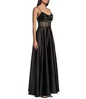 Next Up Drape Neck Illusion Corset Satin Ball Gown