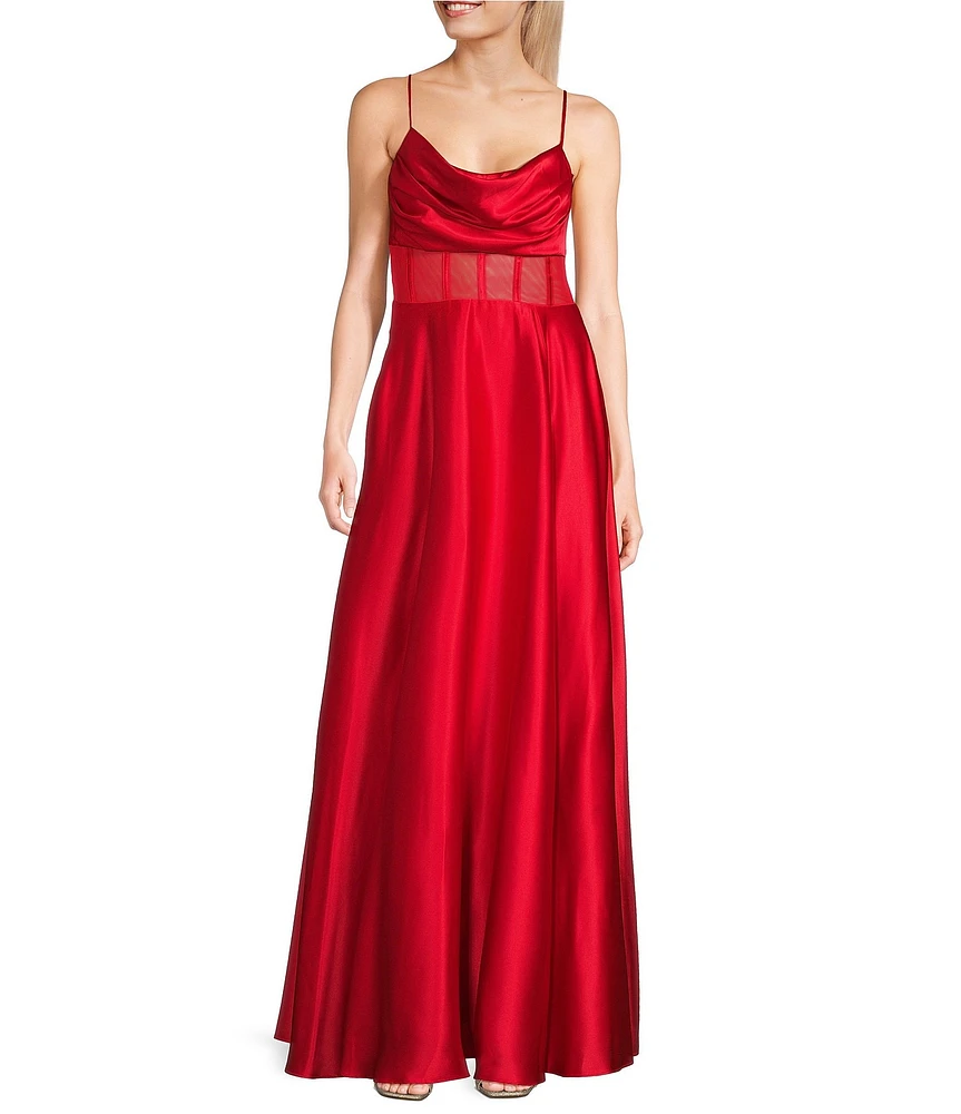 Next Up Drape Neck Illusion Corset Satin Ball Gown