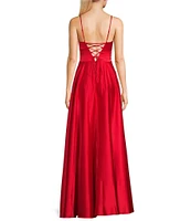 Next Up Drape Neck Illusion Corset Satin Ball Gown