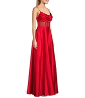 Next Up Drape Neck Illusion Corset Satin Ball Gown