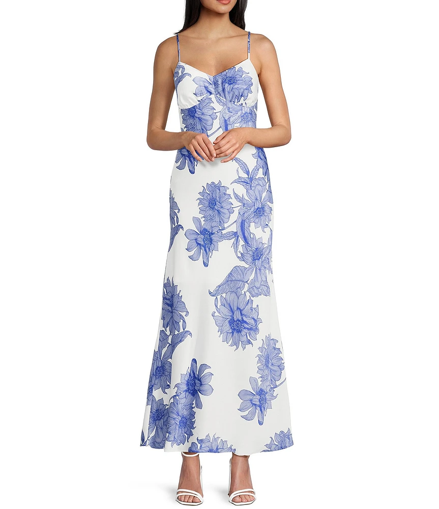 Next Up Floral Print V-Neck Spaghetti Strap Low Back Ankle Length Dress