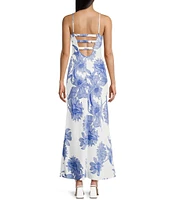 Next Up Floral Print V-Neck Spaghetti Strap Low Back Ankle Length Dress