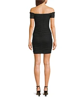 Next Up Mesh Off-The-Shoulder Sweetheart Neck Ruffle Edge Shirred Bodycon Dress