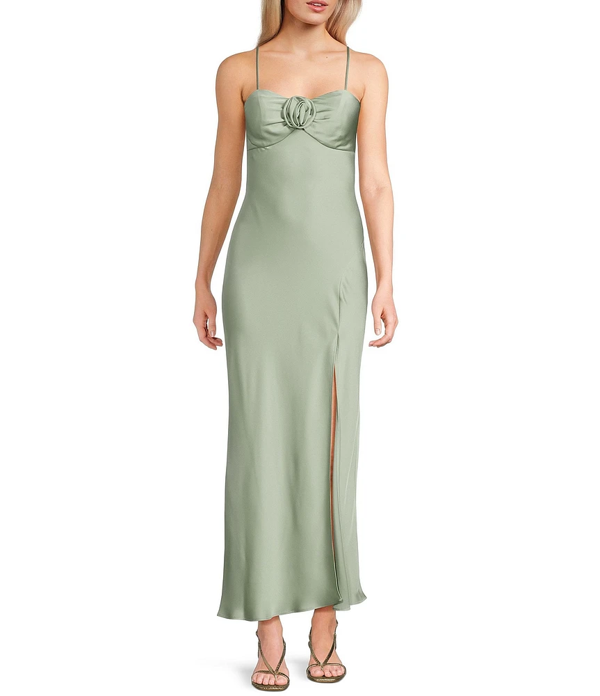Next Up Satin Sweetheart Neck Front Rosette Side Slit Midi Dress