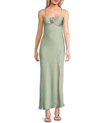 Next Up Satin Sweetheart Neck Front Rosette Side Slit Midi Dress