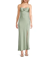 Next Up Satin Sweetheart Neck Front Rosette Side Slit Midi Dress