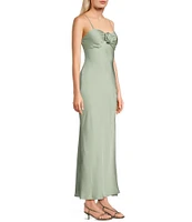 Next Up Satin Sweetheart Neck Front Rosette Side Slit Midi Dress