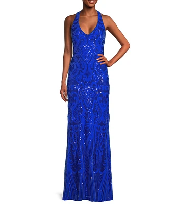 Next Up Sequin Pattern V-Neck Sleeveless X-Back Loop and Lacing Long Dress