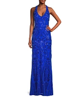 Next Up Sequin Pattern V-Neck Sleeveless X-Back Loop and Lacing Long Dress