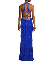 Next Up Sequin Pattern V-Neck Sleeveless X-Back Loop and Lacing Long Dress