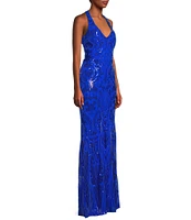 Next Up Sequin Pattern V-Neck Sleeveless X-Back Loop and Lacing Long Dress