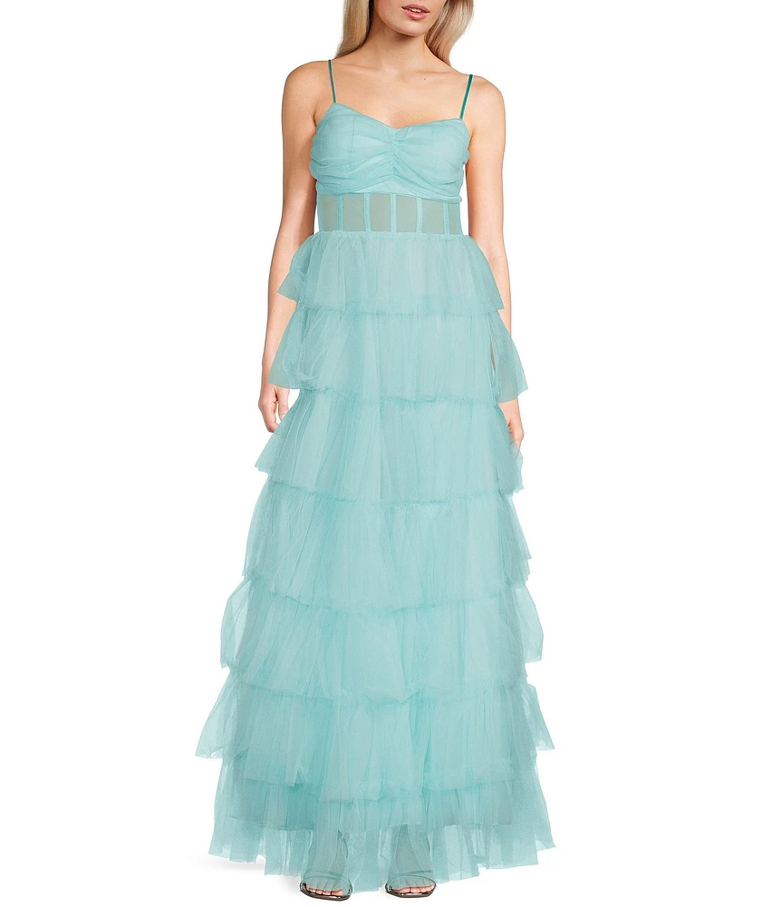 Next Up Spaghetti Strap Corset Ruffled Long Dress