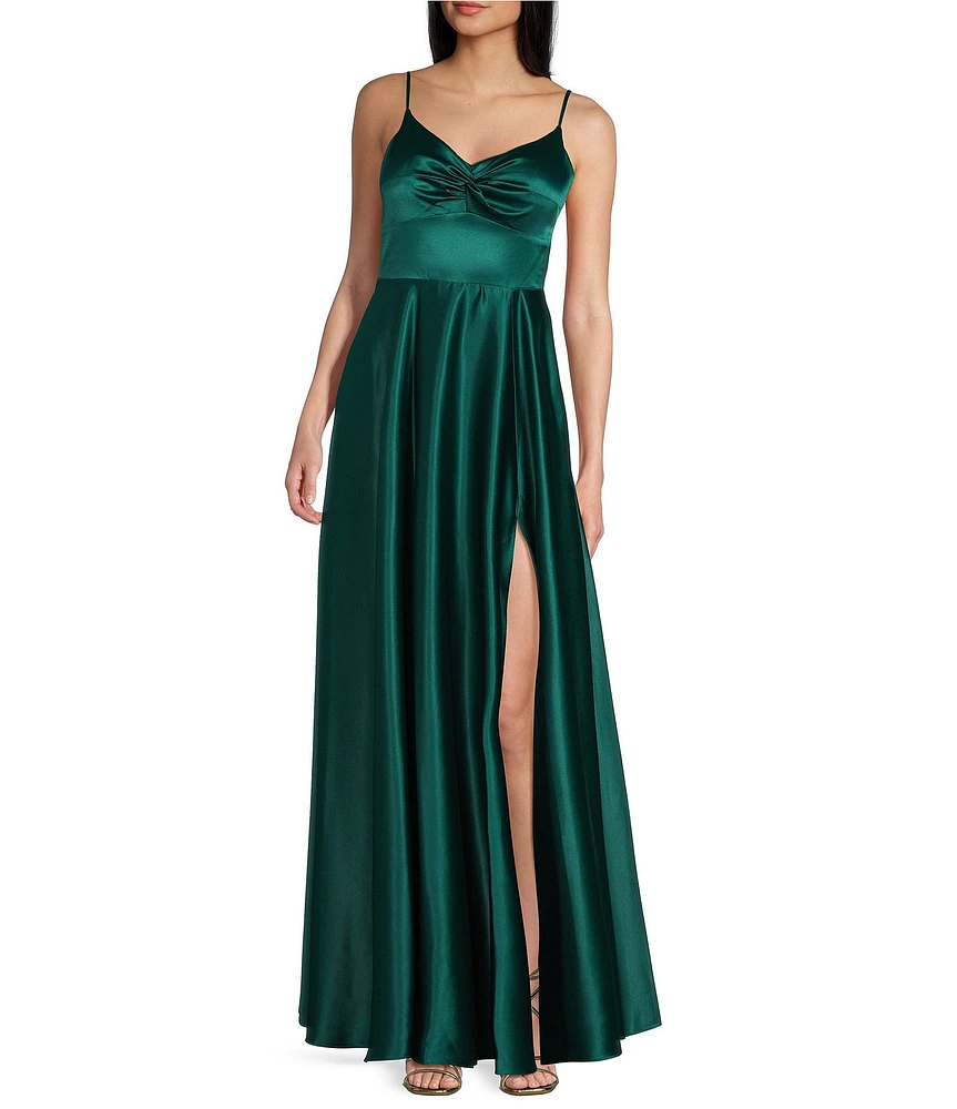 Next Up Spaghetti Strap V-Neck Front Slit Long Full Skirt Dress