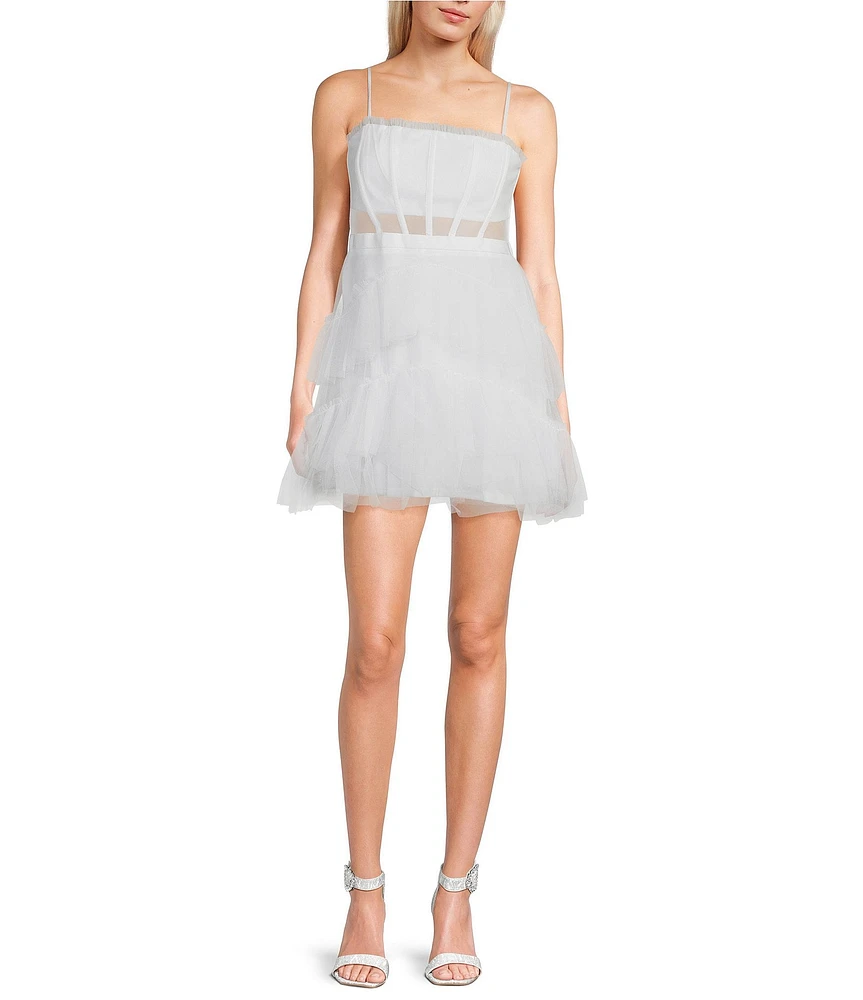 Next Up Illusion Mesh Corset Ruffle Tiered Fit & Flare Dress