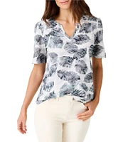 NIC + ZOE NZT Falling Palms Print Split V-Neck Short Sleeve Tee Shirt