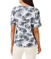 NIC + ZOE NZT Falling Palms Print Split V-Neck Short Sleeve Tee Shirt