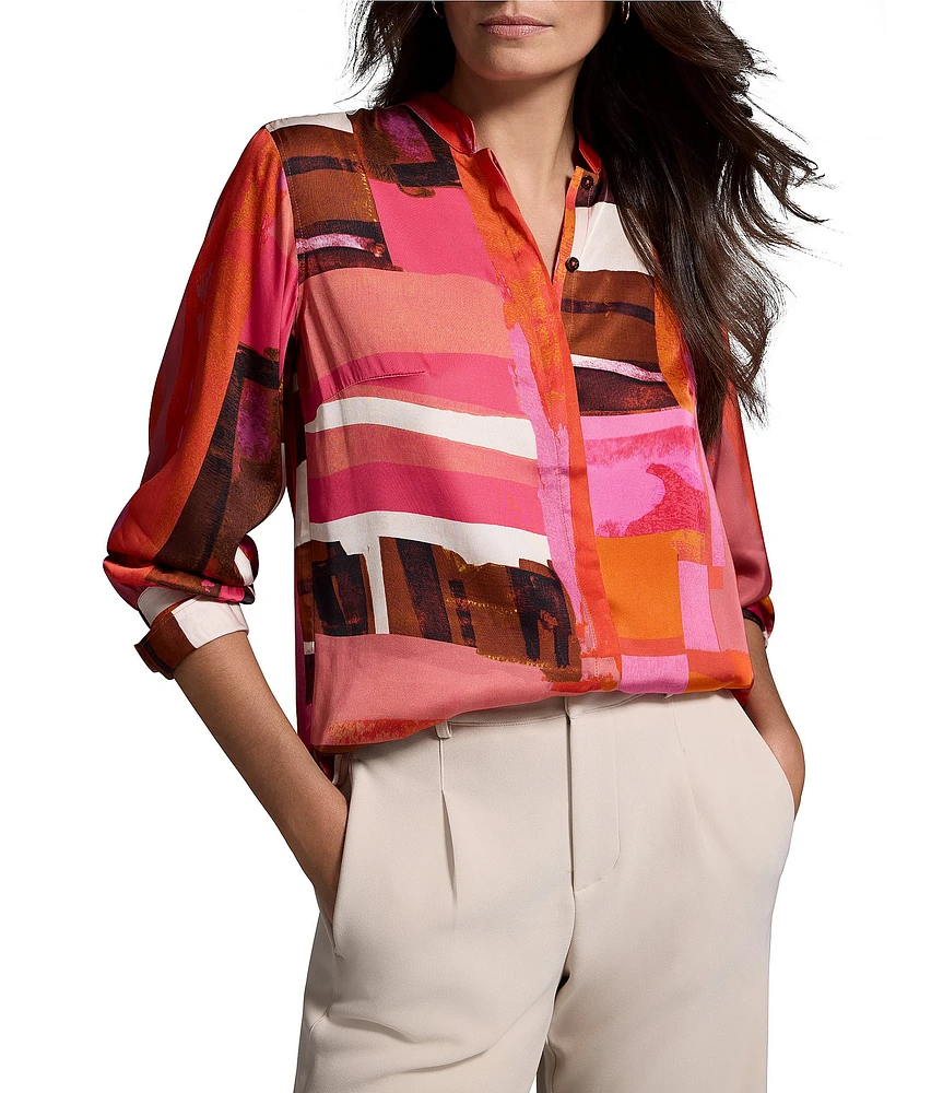 NIC + ZOE Artful Blocks Glossy Stand Collar Long Sleeve Blouse